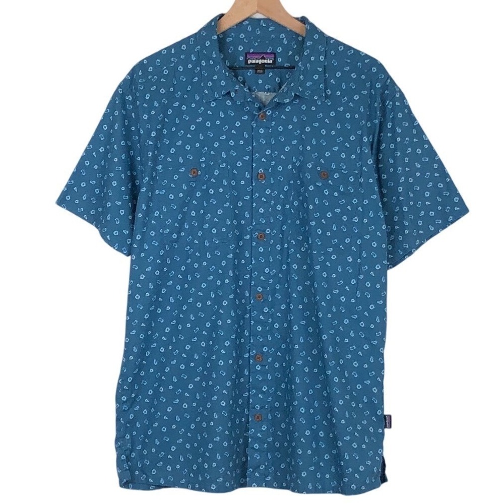 PATAGONIA Hemp Organic Cotton Shirt Men's XL Blue Geometric Button S/S Gorpcore